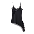 Elegantes schwarzes Satintop mit Wimpernspitze und asymmetrischem Saum für Damen - S / Schwarz Langer Stil