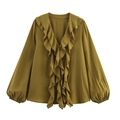 Elegante olivgrüne Schifonbluse mit gestuften Volants und klassischen Laternenärmeln - XS / Olivgrün