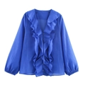 Elegante königsblaue Schifonbluse mit V-Ausschnitt, Volants und langen Ärmeln - XS / Blau