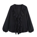 Elegante schwarze Chiffon-Bluse mit V-Ausschnitt, Rüschen und langen Puffärmeln - XS / Schwarz