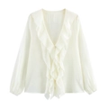 Elegante cremeweiße Schifonbluse mit gestuften Rüschen, V-Ausschnitt und langen Laternenärmeln - XS / Weiß