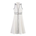 Elegant sleeveless polka dot midi dress in creamy white with navy accents and gold buckle - XS / White Polka Dot