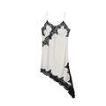 White silk slip dress with black lace trim and asymmetrical hem for women - Black and White Long