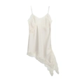 Elegant cream satin slip dress featuring fine lace trim and an asymmetrical hemline - Beige Long Style