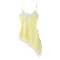 Pale yellow satin slip dress featuring white floral lace trim and asymmetrical hem - Yellow Long Style