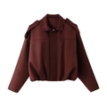 Detailed view of burgundy vintage faux suede jacket with epaulettes and gathered hemline - S / Burgundy