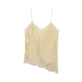 Pale yellow satin camisole with white lace trim and irregular hemline design - Yellow Short Style