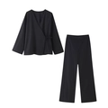 Conjunto de dos piezas negro para mujer con top cruzado en V y pantalones de pernera ancha - S / Negro