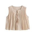 Ärmelloses Falten-Top in Beige im französischen Stil mit Schnürung und ausgestellter Form - S / Gebrochenes Weiß