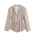 Damen Blazer in Beige gestreift mit Taillenzug und klassischem Reverskragen - XS / Cremeweißes Oberteil