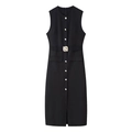 Elegant black sleeveless midi dress with gold buttons and belted waist for women - S / Black
