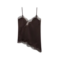 Dark brown satin camisole dress with black floral lace trim and asymmetric hemline - Coffee Short