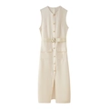 Sleeveless beige midi dress with gold decorative buttons and matching buckled waist belt - S / White