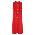 Red sleeveless midi dress with gold buttons and matching belt for elegant styling - S / Red