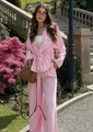 Elegant pink two-piece set featuring long-sleeve belted shirt and wide-leg trousers - XS / Set / Pink