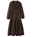 Elegantes tiefbraunes Langarm-Midikleid mit Spitzenstickerei und Knopfdetails - S / Kastanie