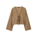 Top plisado marrón estilo kimono con cierre de cordones frontal y manga larga - XS / Chaqueta Caqui