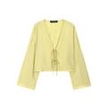 Women's light yellow long sleeve kimono top with crinkled texture and front tie closure - XS / Tops / Yellow