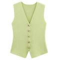 Gilet en maille vert clair ajusté avec col en V et boutons métalliques dorés décoratifs - S / Hauts / Vert