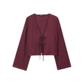 Burgundy tie-front kimono top with flared sleeves and crinkled texture fabric - XS / Tops / Red