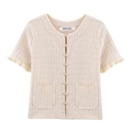 Three-piece cream knit cardigan set with gold buttons and ruffle sleeve details - S / Apricot Top
