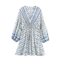 Women's V-neck mini dress with blue star prints and long lantern sleeves on white background - XS / Blue Floral Print