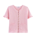 Pink knit cardigan short sleeve top with gold buttons and ruffle cuffs detail - S / Pink Top