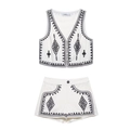 Women's two-piece white vest and shorts set with black geometric embroidery design - XS / Top And Bottom
