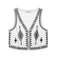 Chaleco bohemio blanco de algodón sin mangas con bordado geométrico negro y cuello en V - XS / Tops