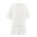 White V-neck short sleeve knit cardigan with floral eyelet pattern and matching waist belt - S / White