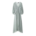 Elegantes minzgrünes Langarm-Maxikleid mit feinen Plisseefalten und tiefem V-Ausschnitt - XS / Salbeigrün