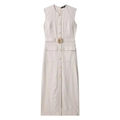 Vestido midi sin mangas de lino beige con botones frontales y cinturón con hebilla - XS / Blanco lechoso