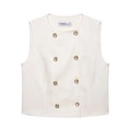Minimalist sleeveless double-breasted cream waistcoat with elegant gold button details - XS / Vest