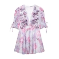 Robe en mousseline fleurie avec col en V à fleurs 3D et manches bouffantes blanc rose - S / Chiffon Imprimé Floral Rose