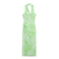 Hellgrünes Neckholder-Midikleid mit Marmor-Farbverlauf und seitlicher Raffung für Damen - S / Grün