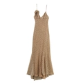Elegant khaki polka dot camisole maxi dress with a 3D fabric flower on shoulder - XS / Khaki Polka Dot