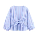 Women stripe long sleeve blouse with front bows and peplum hem in light blue and white - XS / Tops