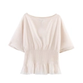 Top de punto beige transparente para mujer con manga corta, cuello barco y talle plisado - S / Top Plisado Albaricoque