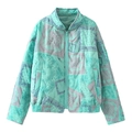 Women's light green bohemian floral print jacket with zipper and ribbed hem on white background - XS / Green