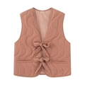 Detail of pink-brown quilted vest with wave pattern and delicate ribbon bow ties - S / Caramel color