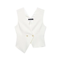 Minimalist ivory white V-neck vest with trendy asymmetrical hem and resin buttons - XS / White