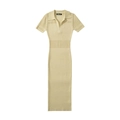 Vestido largo de punto crema ajustado con manga corta y cuello polo en V calado - Talla única / Albaricoque