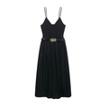 Close-up of black midi dress waist with thin leather belt and gold buckle detail - XS / Black