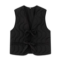 Gilet trapuntato nero da donna con cuciture a onda e chiusura frontale con fiocchi - S / Nero