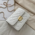 White quilted chain shoulder bag with elegant gold metallic buckle and synthetic leather finish - White