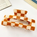 Brown and beige checkerboard hair claw clip in a rectangular hollow design - Large Rectangle Hollow Checkerboard Style / Orange and White Blocks