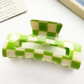 Classic green and cream checkerboard rectangular hair claw clip in glossy finish - Large Rectangle Hollow Checkerboard Style / Green and White Blocks