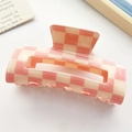 Checkered hair claw clip in orange and beige square pattern with hollow rectangular shape - Large Rectangle Hollow Checkerboard Style / Pink and White Blocks