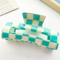 Blue and white checkerboard hair claw clip with rectangular hollow design and glossy finish - Large Rectangle Hollow Checkerboard Style / Blue and White Blocks