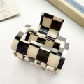 Large square checkered hair claw clip in black and beige with a glossy finish - Small Black And White Checkered